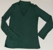 Green Criss-Cross Lace-Up Long Sleeve Tee T-Shirt Top Size L 🧚‍♂️✨