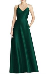 NEW Alfred Sung V-Neck Full Skirt Satin Maxi Dress in Hunter Green