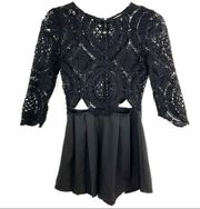 Charlotte Russe Black Crochet 3/4 Sleeve Romper XS