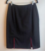 Vintage Willi Smith Collection Black Wool Skirt w Red Peek-a-Boo Vents Size 8