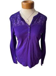 American Living purple half button up blouse with lace shoulder line size medium