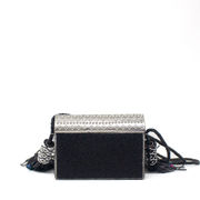 Sam Edelman Indigo Metal Beaded Embellished Hard Top Crossbody Purse Bag Silver 