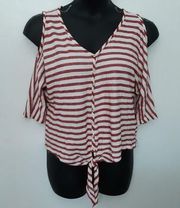 Democracy red & white striped cold shoulder top