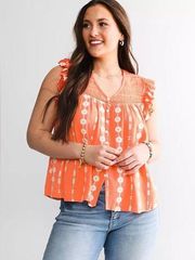 Embroidered Cap Sleeve Orange geometric Blouse size medium