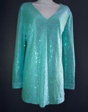 New w/ $295 Tags  Ocean Blue Sequin Long Sleeve Party Formal Dress Medium