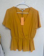 Yellow Button Up Cinched Waist Blouse 