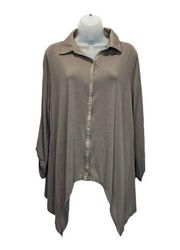 Gray Button Down Roll Up Sleeve Tunic Blouse Size XL