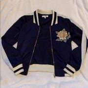 navy blue embroidered bomber jacket