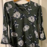 Loveappella Olive Green with White and Navy Blue Flowers Blouse…Size Small