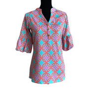 Tracy Negoshian Womens Top Size XXS Piper Bell Sleeve Tapestry Turquoise Print