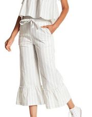 Gray Striped Ruffle Cropped Bell Bottom Linen Pants - XS