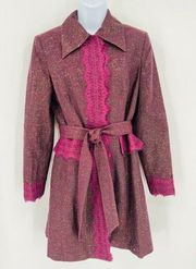 Bisou Bisou Upscale Boho Chic Metallic Sparkle Purple Lace Trench Coat with Sash