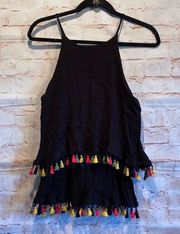 Blue Rain Multi Tassel Layered Black Tank Top L