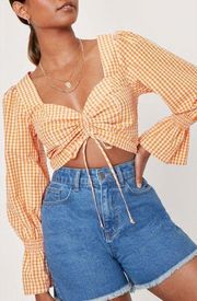 Gingham Ruched Front Cropped Blouse