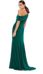 Mac Duggal Foldover Off The Shoulder High Slit Faux Wrap Green Gown 26517 Sz 0