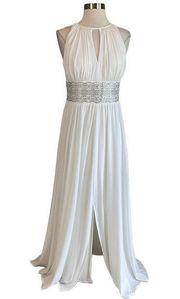 R&M Richards Women's Formal Dress Size 6 White Beaded Halter Evening Gown