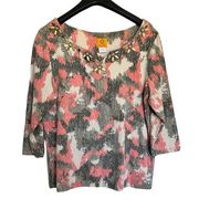 Ruby Rd Camouflage Top Embellished Tee Travel Vacation Business Casual Grey Pink