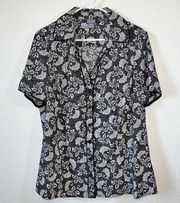 Laura Scott Black & White Short Sleeve Button Up Floral Blouse Women's 16/18