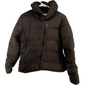 Horny Toad Goose Down Puffer Jacket Hooded Asymmetric Zip Winter Brown Medium