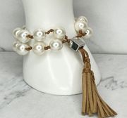 Chico's Faux Pearl Beaded Double Strand Adjustable Tassel Bracelet