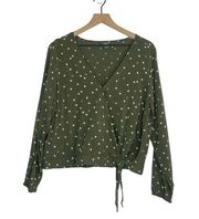 Eddie Bauer Faux Wrap Top Women's Size Large Green Stars Print Long Sleeve