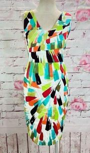 David Meister sleeveless white multicolored brushstroke cotton sheath dress size