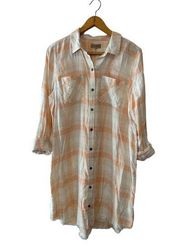 True Craft Lightweight Peach & Cream Plaid Shirt Dress with Frayed Hem Size XL