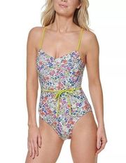 Tommy Hilfiger PENELOPE FLORAL SOFT WHITE One Piece Belted Swimsuit 16 NWT
