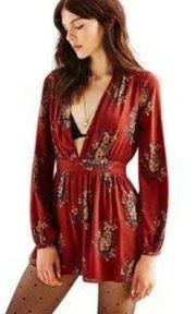 ECOTE Urban Outfitters Charlotte Plunging Romper Size 2 Brown Floral Long-Sleeve