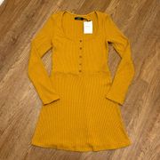 Yellow Ribbed Long Sleeve Henley Dress Large