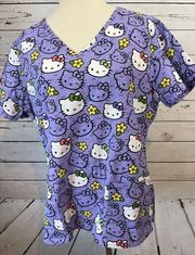Hello Kitty Scrub Top size Medium short sleeve Nursing Shirt Purple Floral Nurse