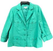 Studio Works Womens Linen Blazer Jacket L Green Button Front 3/4 Pockets Lined