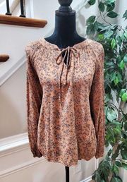 Final Touch Brown Peasant Floral Polyester Long Sleeve Tie-Up Top Blouse Size M