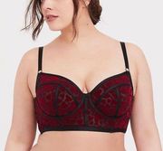 Torrid Black Mesh Red Heart Flocked Velvet Longline Underwire Bralette 0 10 12 L