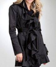 Bebe XS Black Satin Ruffle Trench Coat Y2K