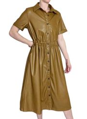 NWOT  Brown Carmel Pleather Faux Leather Midi Shirt Collard Dress