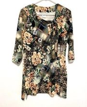 ALBERTO MAKALI Green Cream Leopard Cheetah Animal Floral Plaid 3/4 Sleeve Tunic