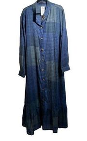 NWT 4XL Zanzea Blue Maxi Tiered Dress Button Down Plaid Tiered Boho Long Sleeve