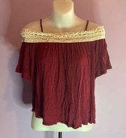 FREE Kisses Burgundy off the Shoulder Blouse Short Sleeve Size Medium