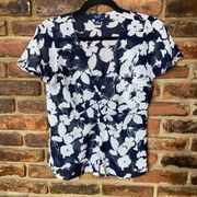 Chaps Navy Blue White Floral Short Sleeve Button Down Blouse Women's Size Small