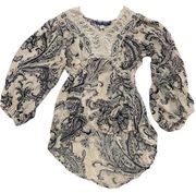 Blue Rain Shirt Womens Small Cream Paisley Eyelet V Neck Boho Tunic Blouse Rayon