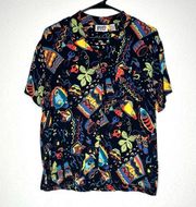 Vintage Chico's Womens Novelty Print Casual Button Down Short Sleeve Top 0 Rayon