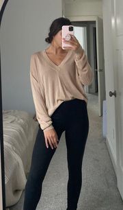 Beige Sheer Long Sleeve V-neck Top