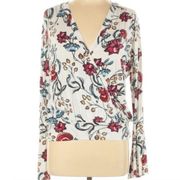 FINN GRACE White Red Blue Yellow Floral Long Bell Sleeve Faux Wrap Blouse Small