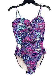 Love your Assets Spanx One Piece Swimsuit Boho Floral Pink Purple Ruched Size M