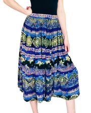 Vintage  Purple & Blue Floral Tribal Printed Midi Skirt