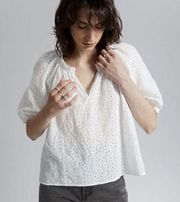 & Other Stories White Eyelet Sheer Puff Sleeve V-neck Blouse Size 6