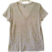 Merona Pineapple Embroidered V-Neck T-Shirt Heather Grey / Yellow / Green XL