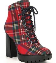 Gianni Bini Ambelynn Plaid Heeled Hiker Lug Sole Combat Booties Size 5 Red Green