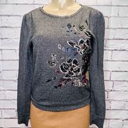 White House Black Market Womens Gray Embroidered Floral Pullover Sweater Medium